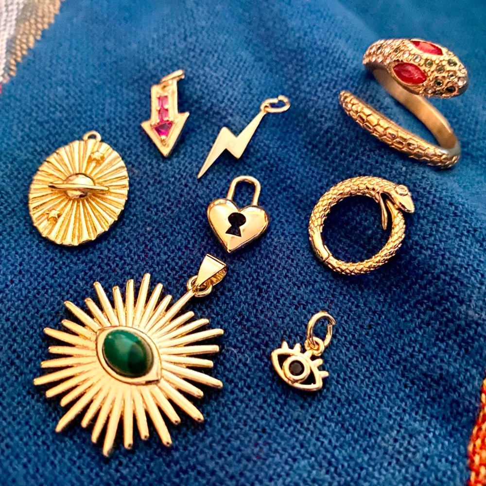 18k Gold Filled Jewelry Charm Pendant Set Evil Eye Lightning Heart Snake Saturn